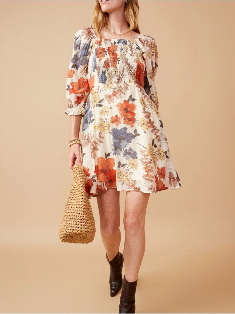 NWT Hayden Los Angeles Textured Floral Smocked Square Neck Dress Medium